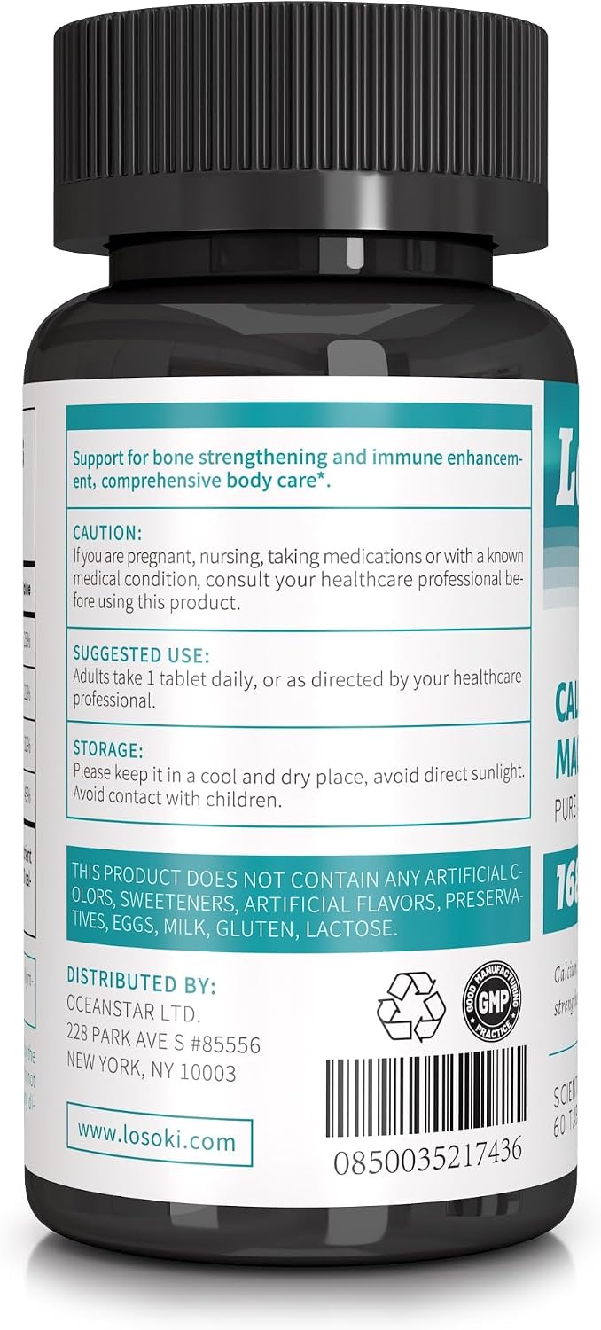 Losoki Calcio Magnesio Zinc - Suplemento Premium para la Salud Ósea y el Apoyo Inmunológico con Vitamina D - 60 Comprimidos