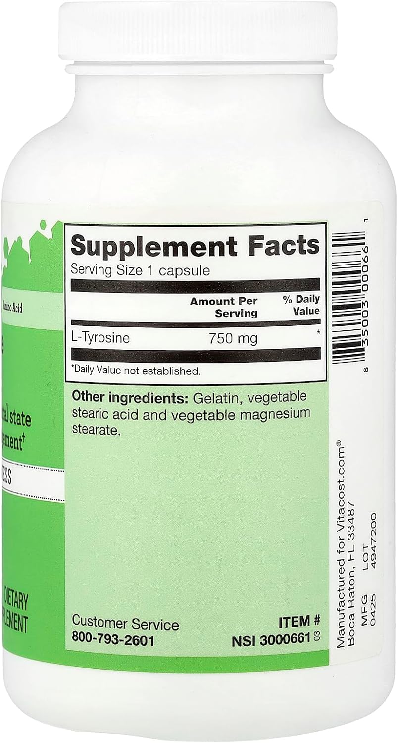 Vitacost L-Tyrosine, 750 mg, 180 Cápsulas