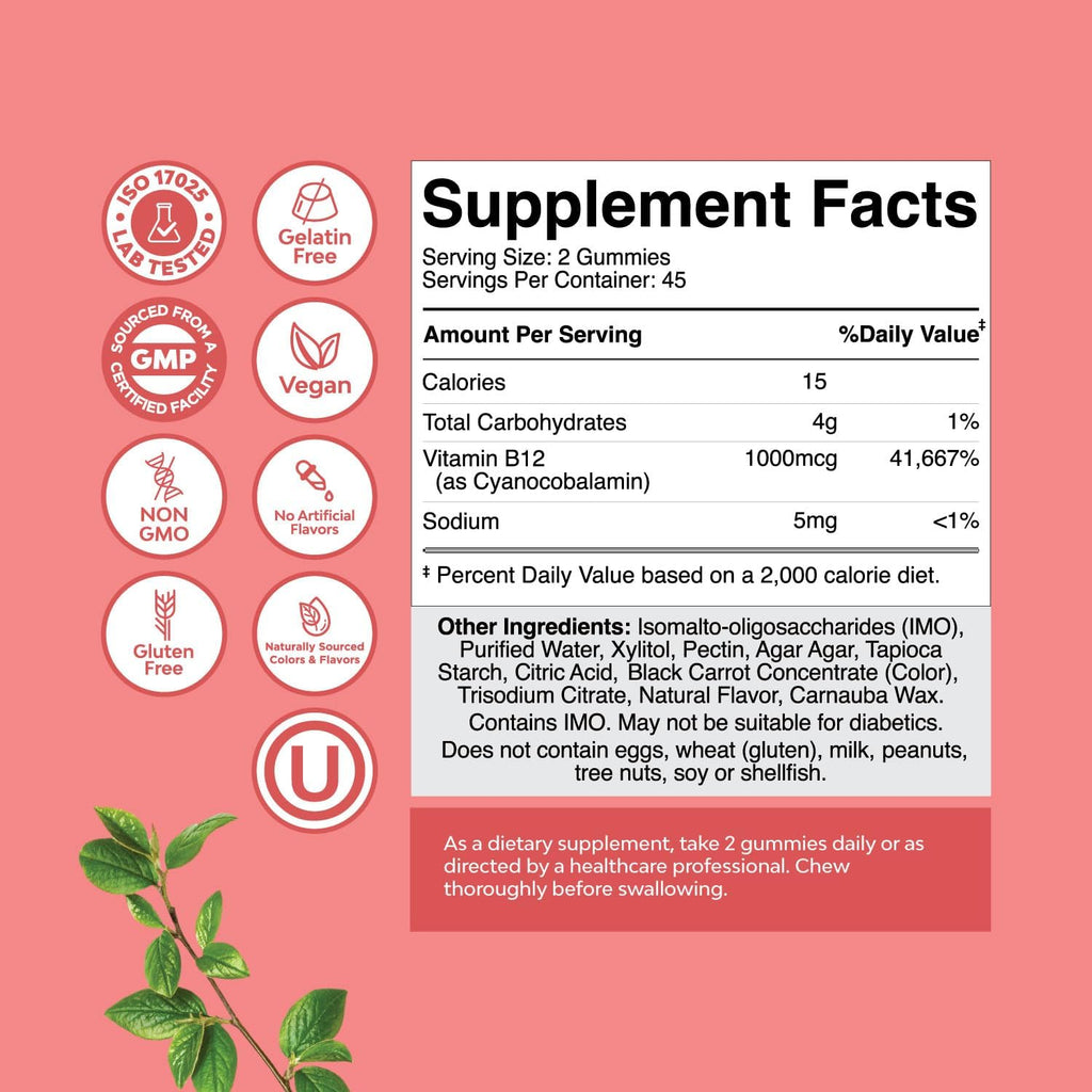 Vitamin B12 Gummies - Gomitas de Vitamina B12 1000 mcg Sin Azúcar para Adultos - Apoyo Energético e Inmune - Vegano, Sin Gluten, Kosher - 90 Gomitas