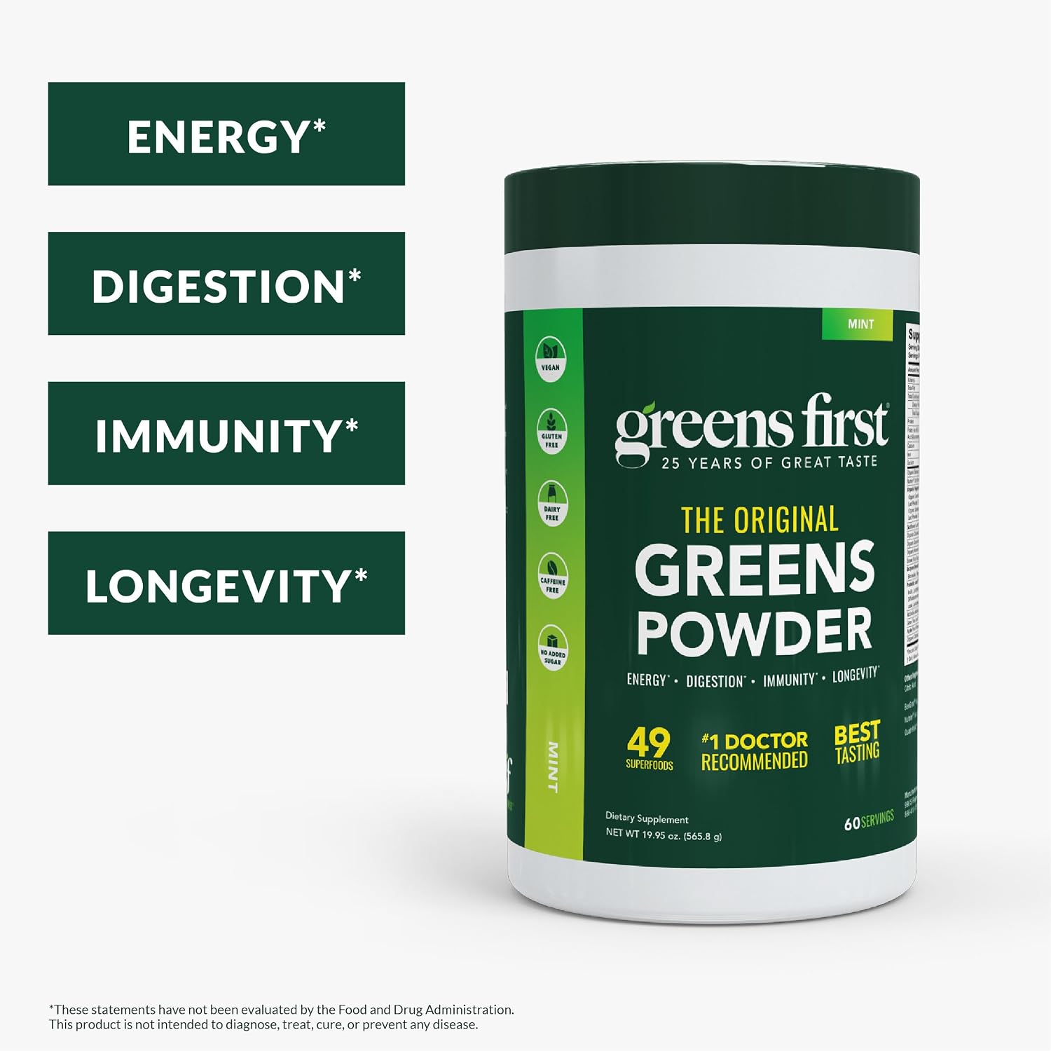 Greens First Original Greens Powder - 49 superalimentos - frutas y verduras orgánicas - prebióticos, probióticos y enzimas digestivas - batido antioxidante - sin lácteos, vegano y no-GMO (menta, 60 raciones)