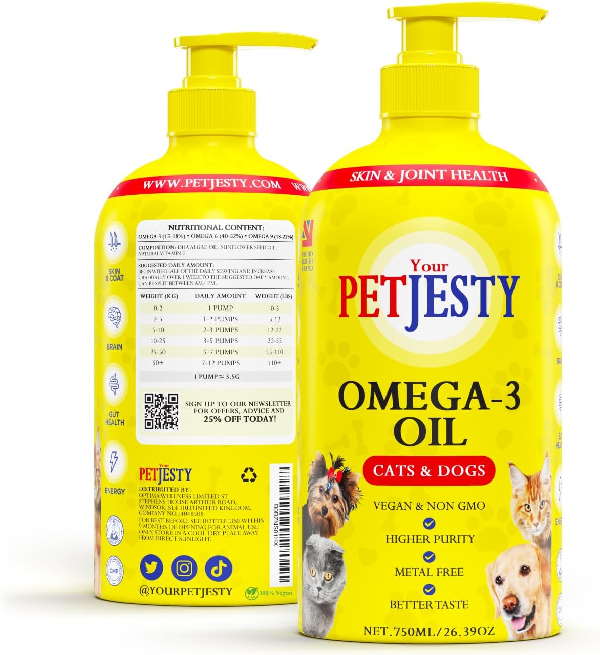 PetJesty Pure Omega 3 Oil - Suplemento Líquido de Omega 3 Vegano para Perros y Gatos (780 ml)