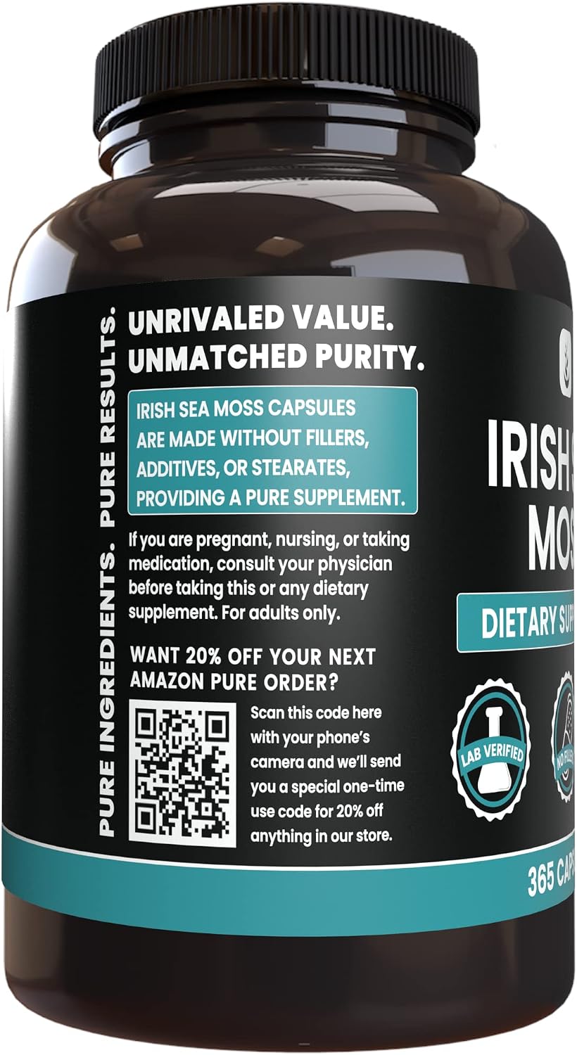 PURE ORIGINAL INGREDIENTS Irish Sea Moss (365 Cápsulas) Siempre Puro, Sin Aditivos ni Rellenos, Verificado en Laboratorio