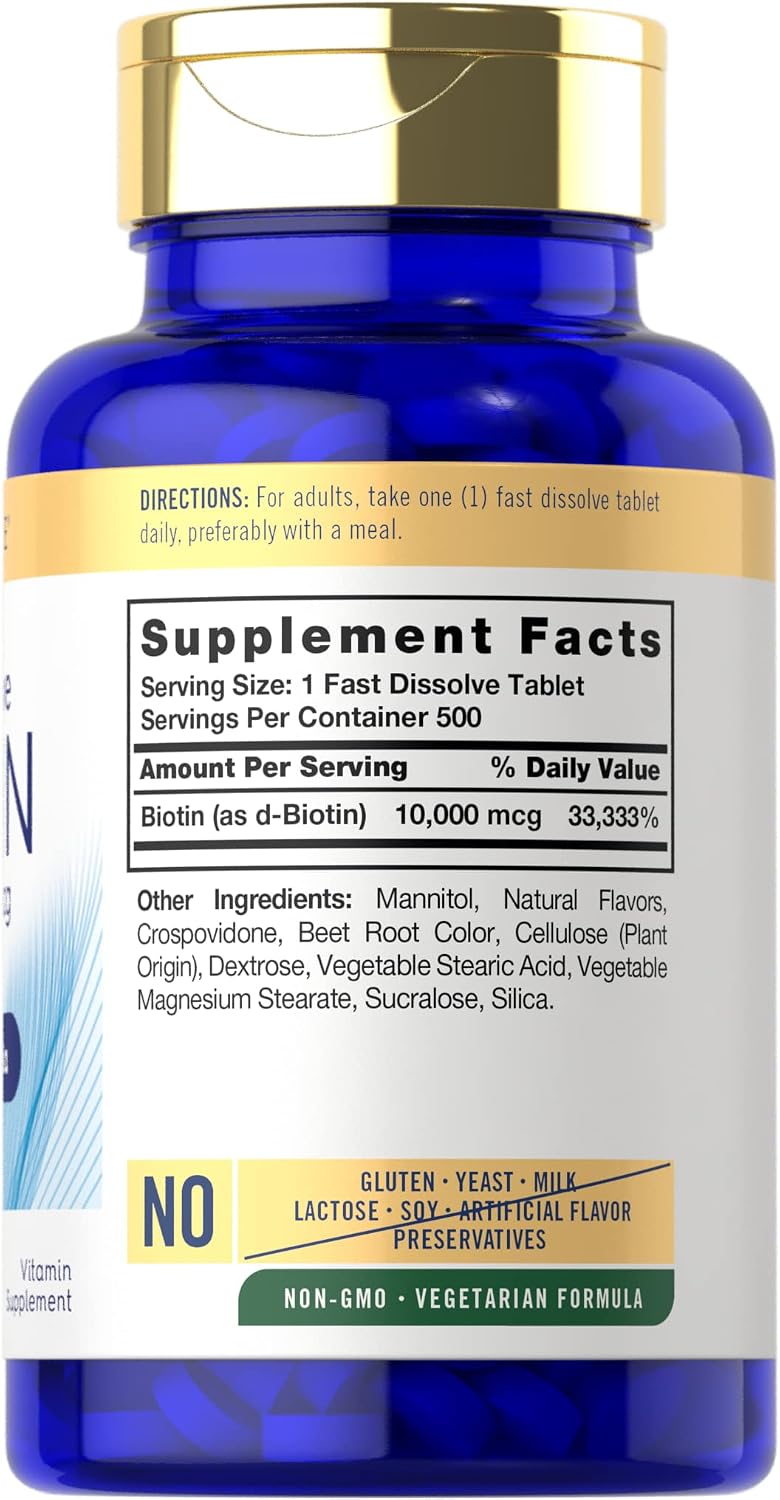 Carlyle Biotina 10.000mcg | 500 Comprimidos de Disolución Rápida | Para Cabello, Piel y Uñas | Máxima Potencia | Vegano, Sin OGM, Sin Gluten