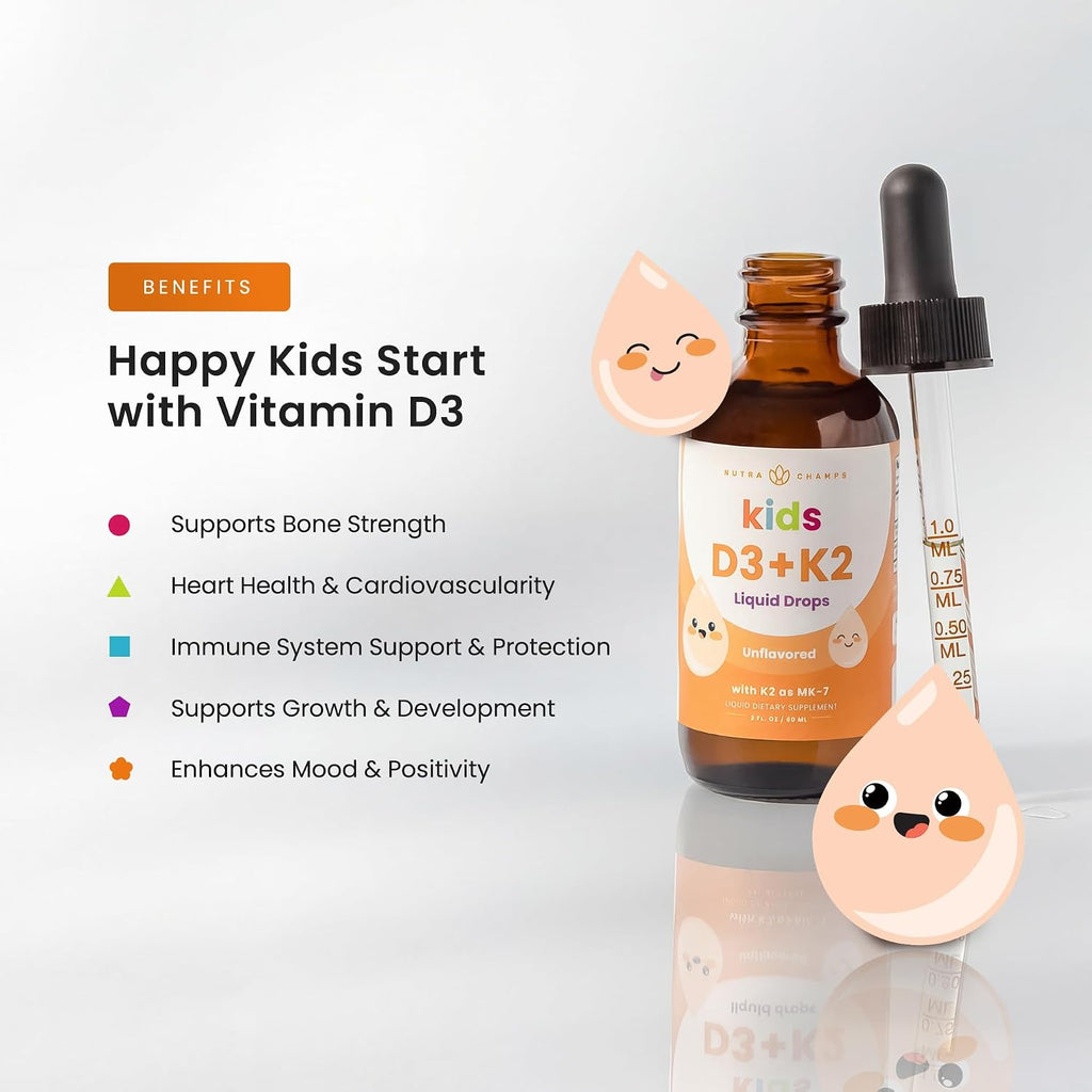 NutraChamps Kids Vitamin D3 K2 Drops - Gotas de Vitamina D3 y K2 MK-7 para Niños, 1000 UI, 300 Servicios