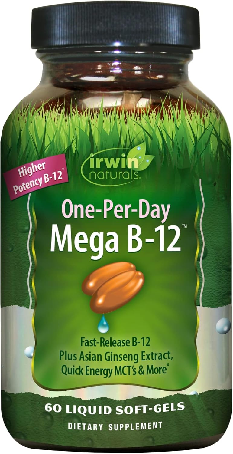 Irwin Naturals One-Per-Day Mega B-12 1.500 mcg Metilcobalamina - Absorción Rápida con MCT y Ginseng Asiático - 60 Cápsulas Blandas Líquidas