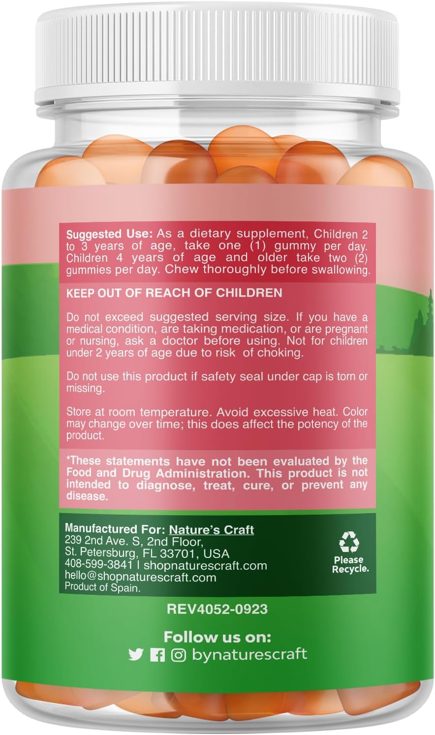 Natures Craft Kids Multivitamin Gummies - Multivitamínico Infantil en Gominolas con Vitaminas A, C, D3, E, B6 y B12, Zinc y Yodo - Fórmula Masticable para la Salud Infantil - 60 Recuento