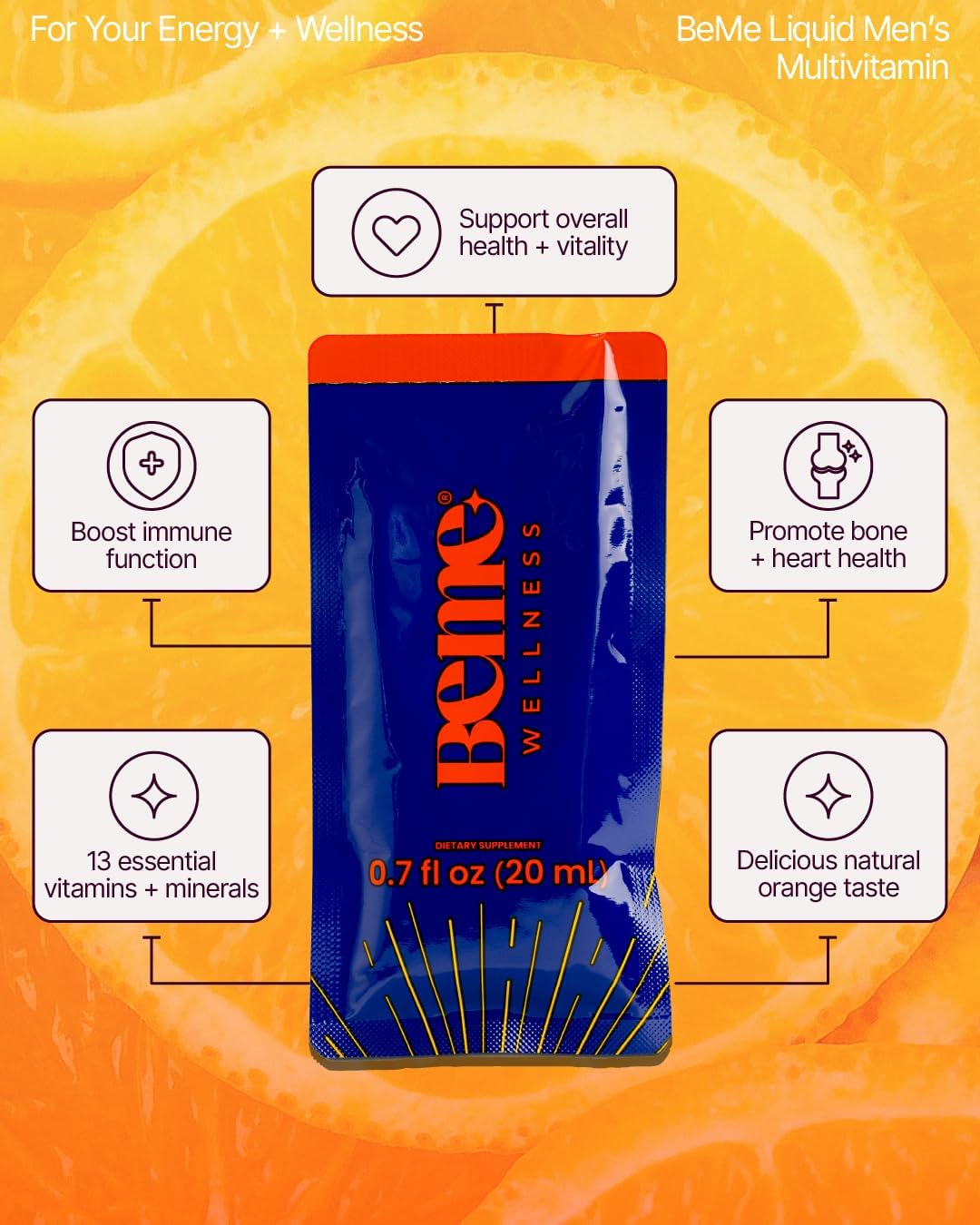 BeMe Multivitamínico Líquido para Hombres - Sistema de Administración Líquida Avanzada con 13 Vitaminas y Minerales - Sobres Individuales, No-GMO, Sabor Naranja (30 Sobres)