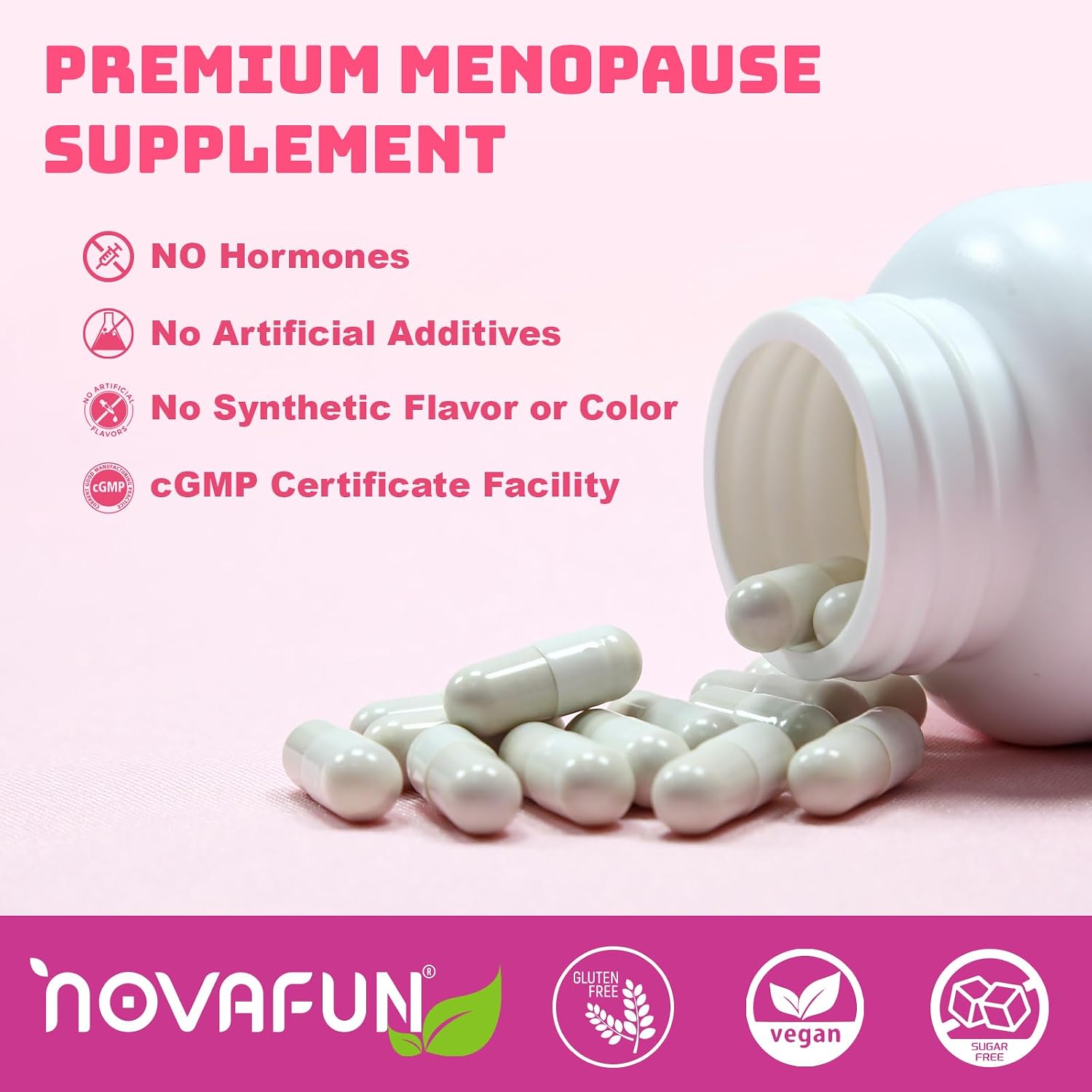 Novafun Menopause Relief Capsules for Women, with Novasoy Soy Isoflavone, Black Cohosh, Passion Flower, Vitex, Vitamin B6, B12, Magnesium (60 cápsulas)