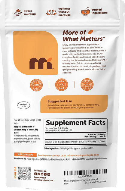 Micro Ingredients Vitamin E 1000 IU (450 mg) Per Serving, 240 Softgels | Daily Vitamin E Supplement | 4-Month Supply | – Image 7