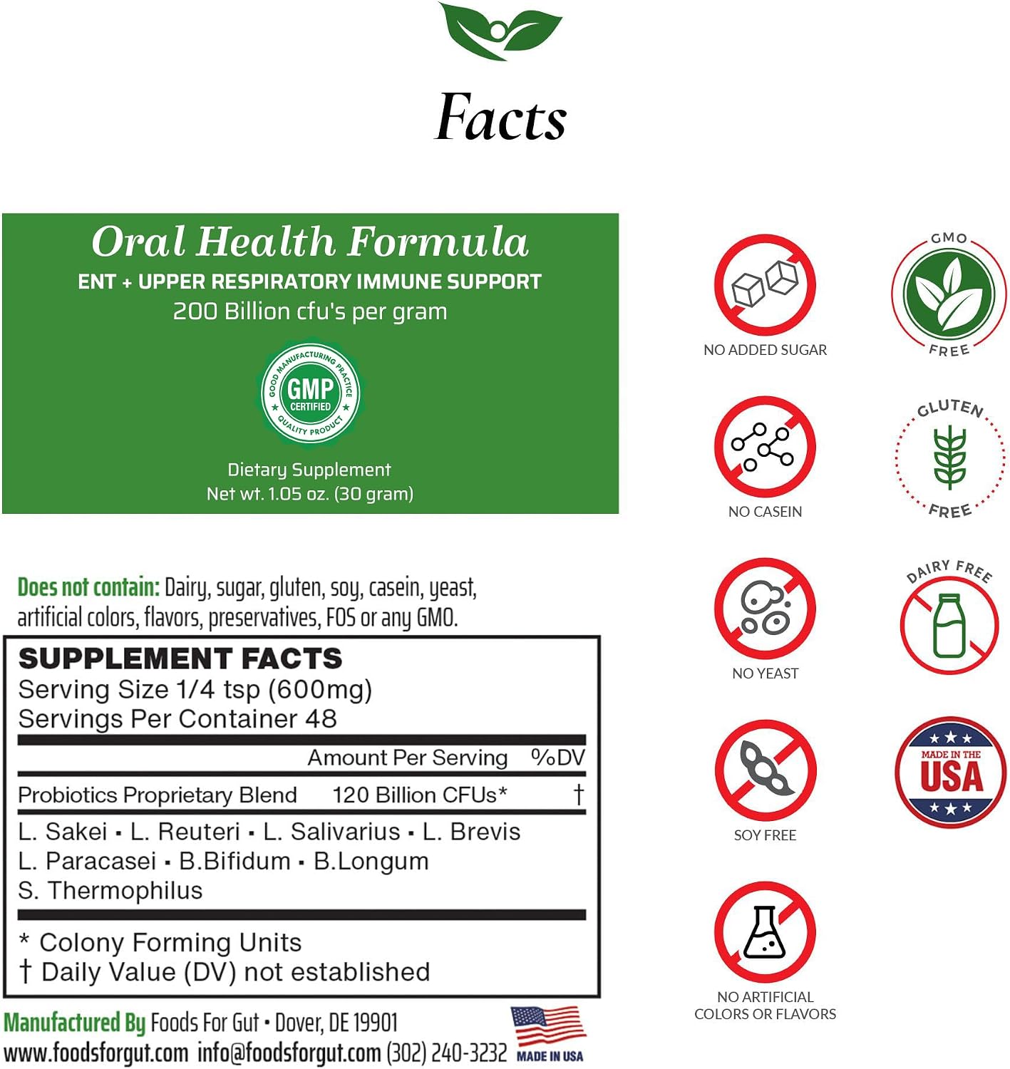 Foods For Gut Probiótico Oral en Polvo 200 mil millones UFC, 30g