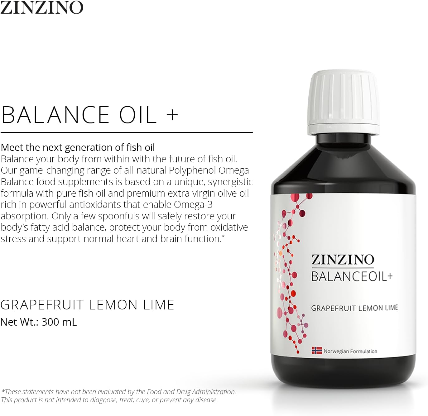 Zinzino BalanceOil+ Pomelo Limón Lima - Complemento de Aceite de Pescado con Aceite de Oliva Virgen Extra, Omega-3 (EPA+DHA), Polifenoles y Vitamina D3 (300 ml)