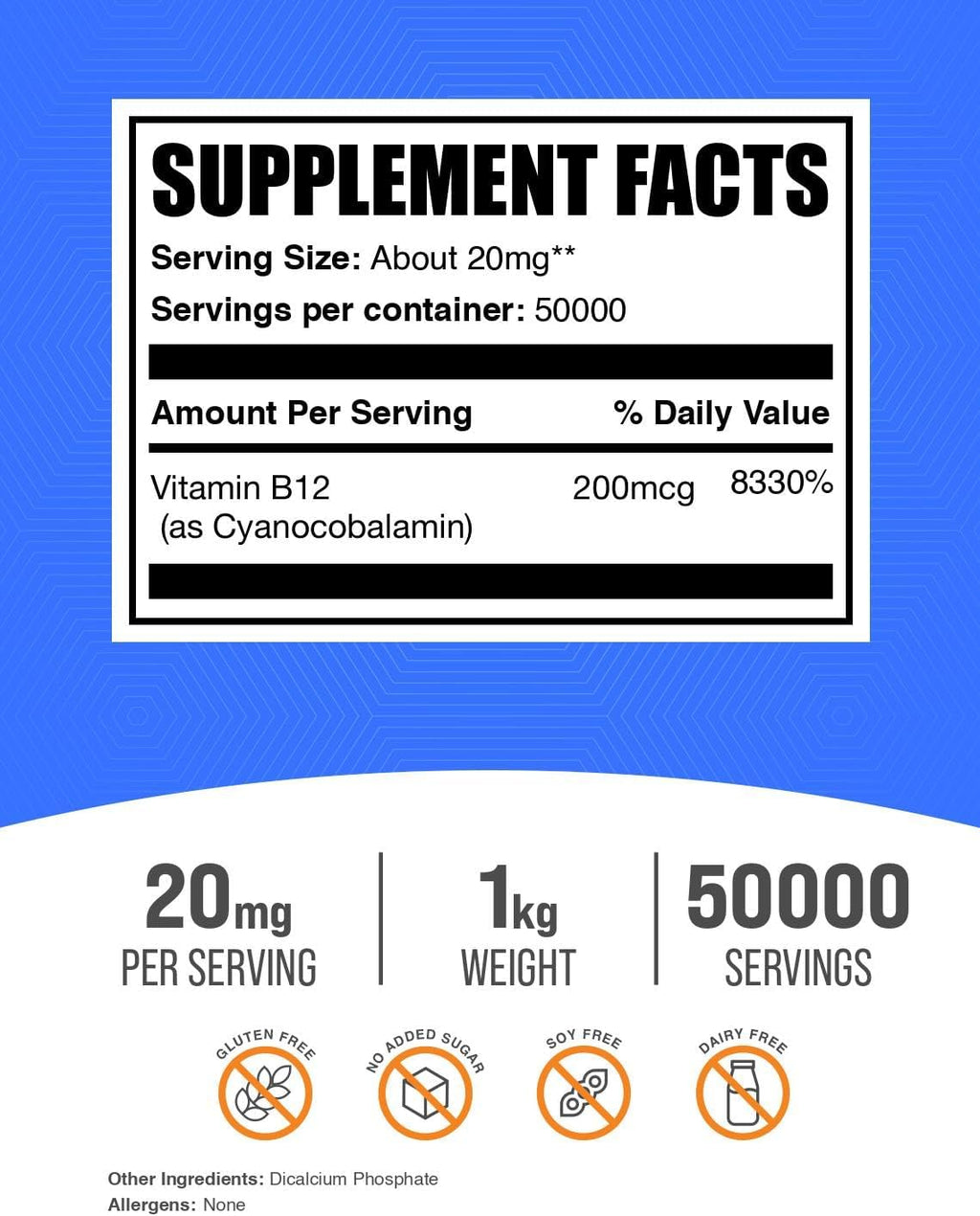 Vitamin B12 Powder (Cyanocobalamin) - 20 mg per Serving, 1 kg