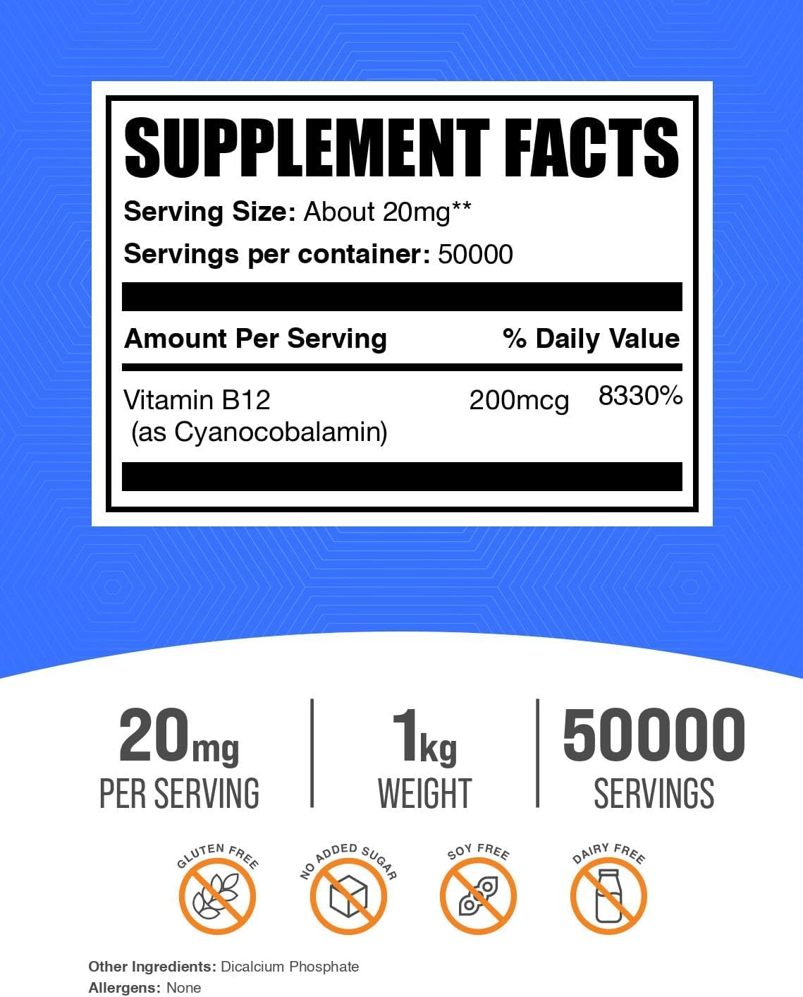 Vitamin B12 Powder (Cyanocobalamin) - 20 mg per Serving, 1 kg
