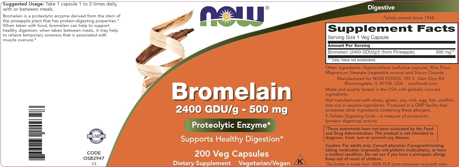 NOW Foods Bromelina 500 mg, 200 Cápsulas Veganas (Pack de 2)