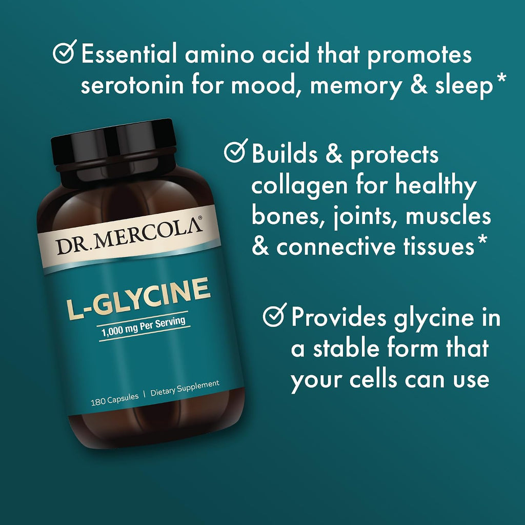 Dr. Mercola L-Glicina - Suplemento de aminoácido - 180 Cápsulas (90 porciones)