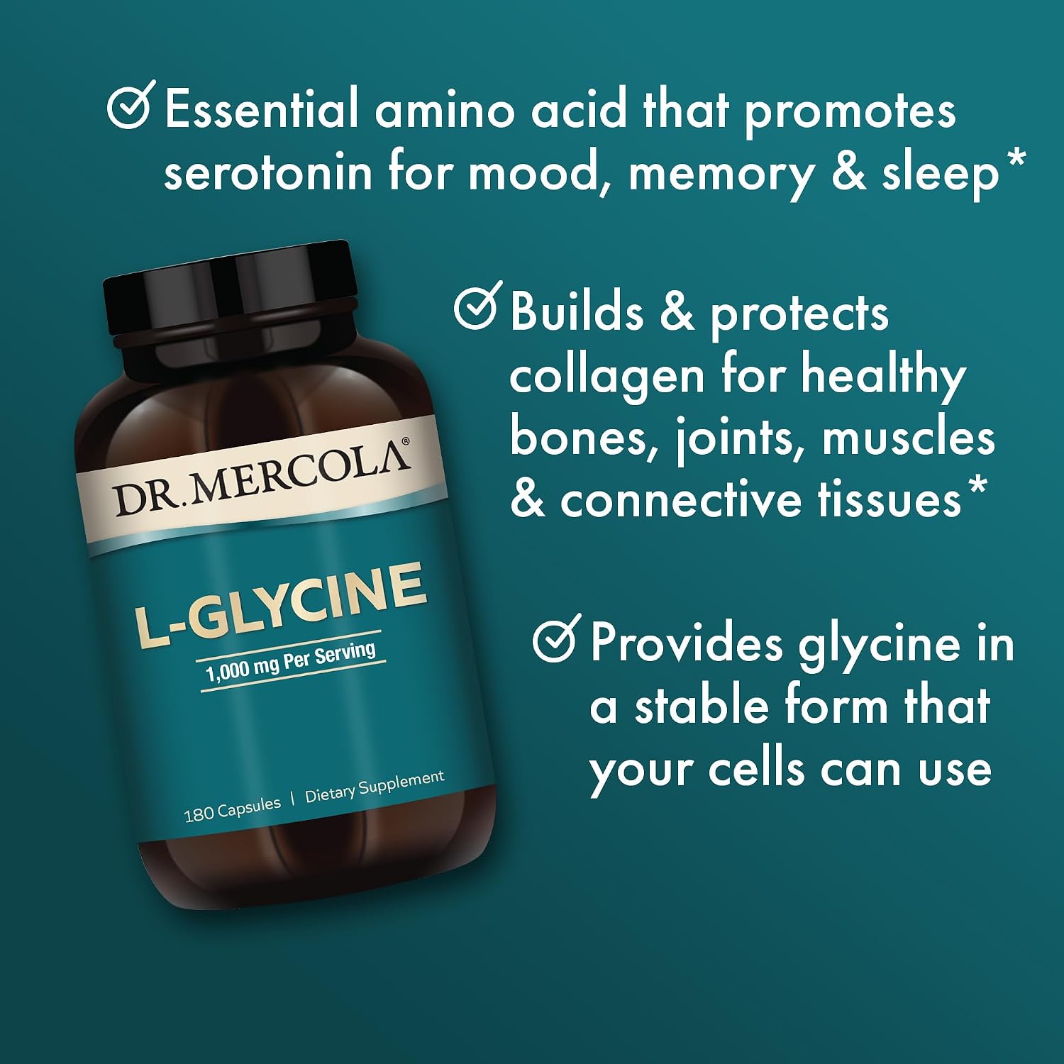 Dr. Mercola L-Glicina - Suplemento de aminoácido - 180 Cápsulas (90 porciones)