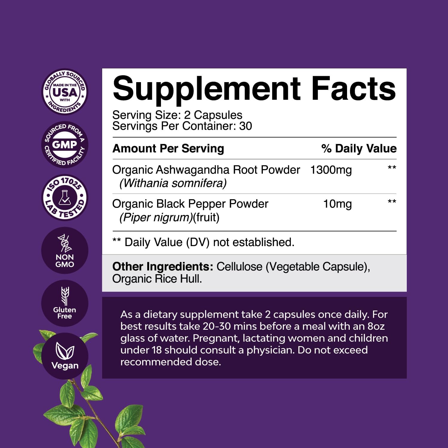 Cápsulas de Ashwagandha 1300 mg - 60 Unidades - Natures Craft