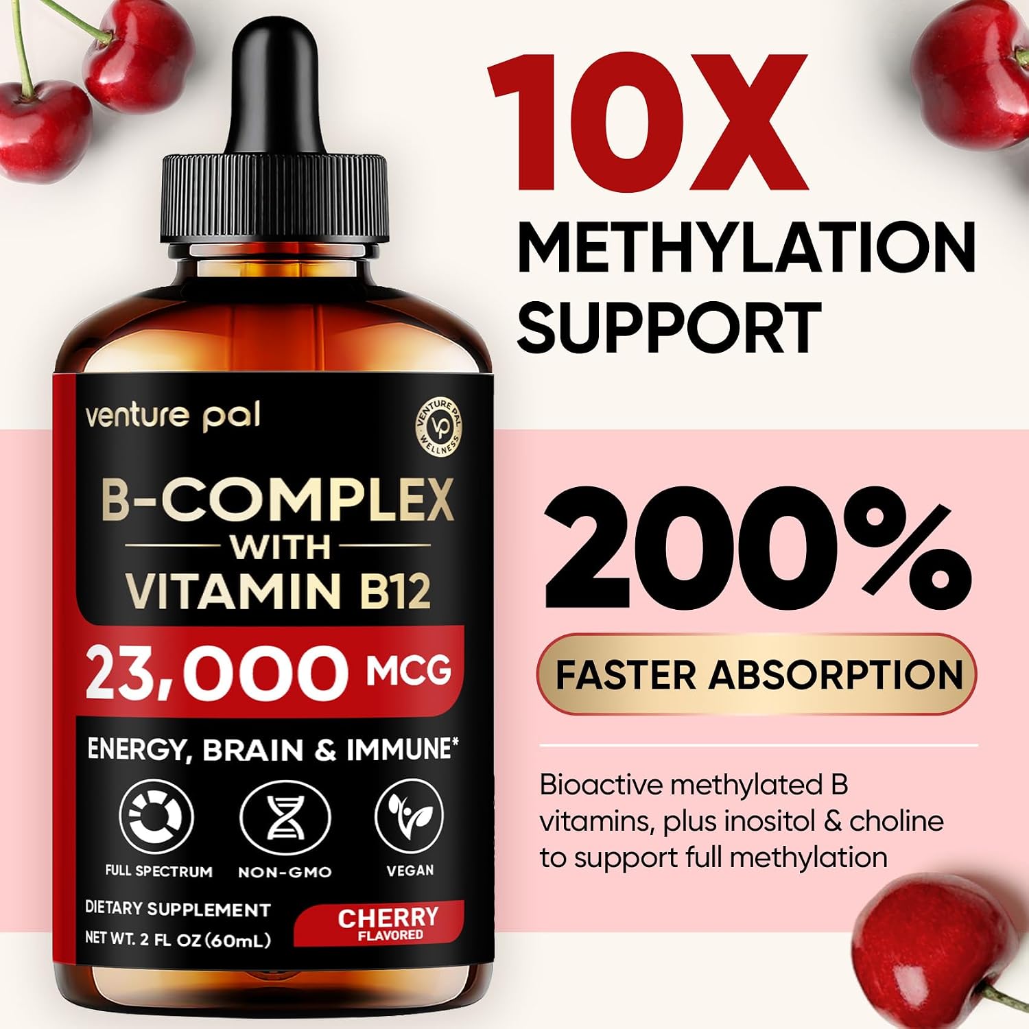 Venture Pal Complejo B en Gotas Líquidas con Metilcobalamina, Folato, Vitaminas B1-B7, Vitamina C, Colina e Inositol