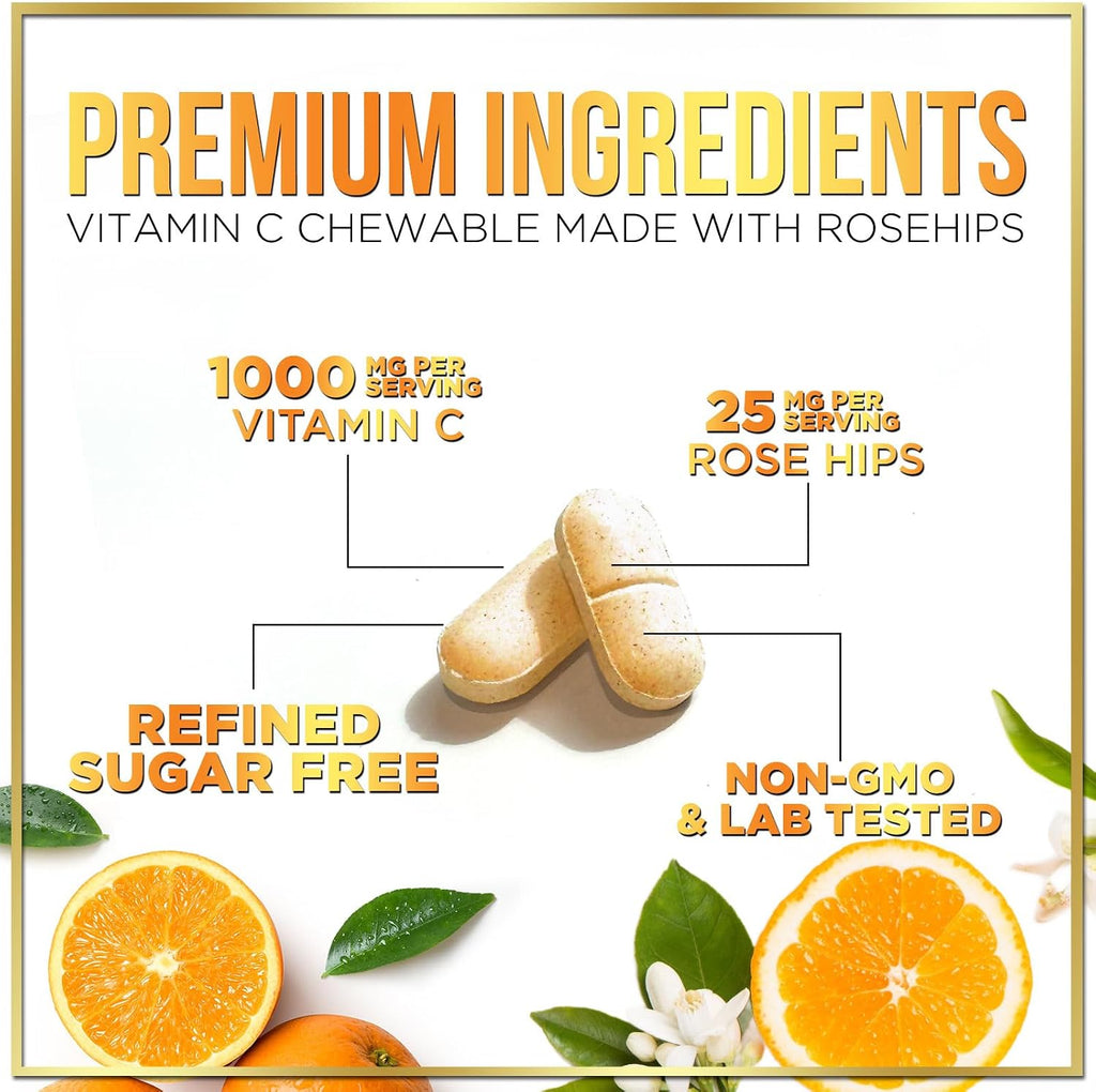 Vitamina C 1000mg con Escaramujo y Bioflavonoides - Suplemento Masticable Sin Azúcar - 60 Comprimidos