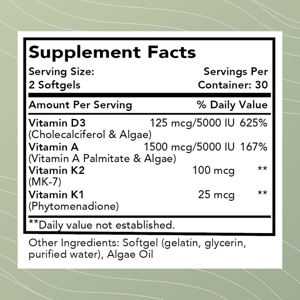 Optimal Health Systems Essential DAK1K2 | Vitamina D3 + A + K1 + K2 | 5000 UI | 60 Cápsulas Blandas