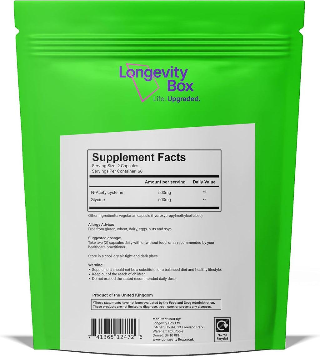 Longevity Box Ultra Pure GlyNAC 1000mg - 120 Cápsulas Veganas