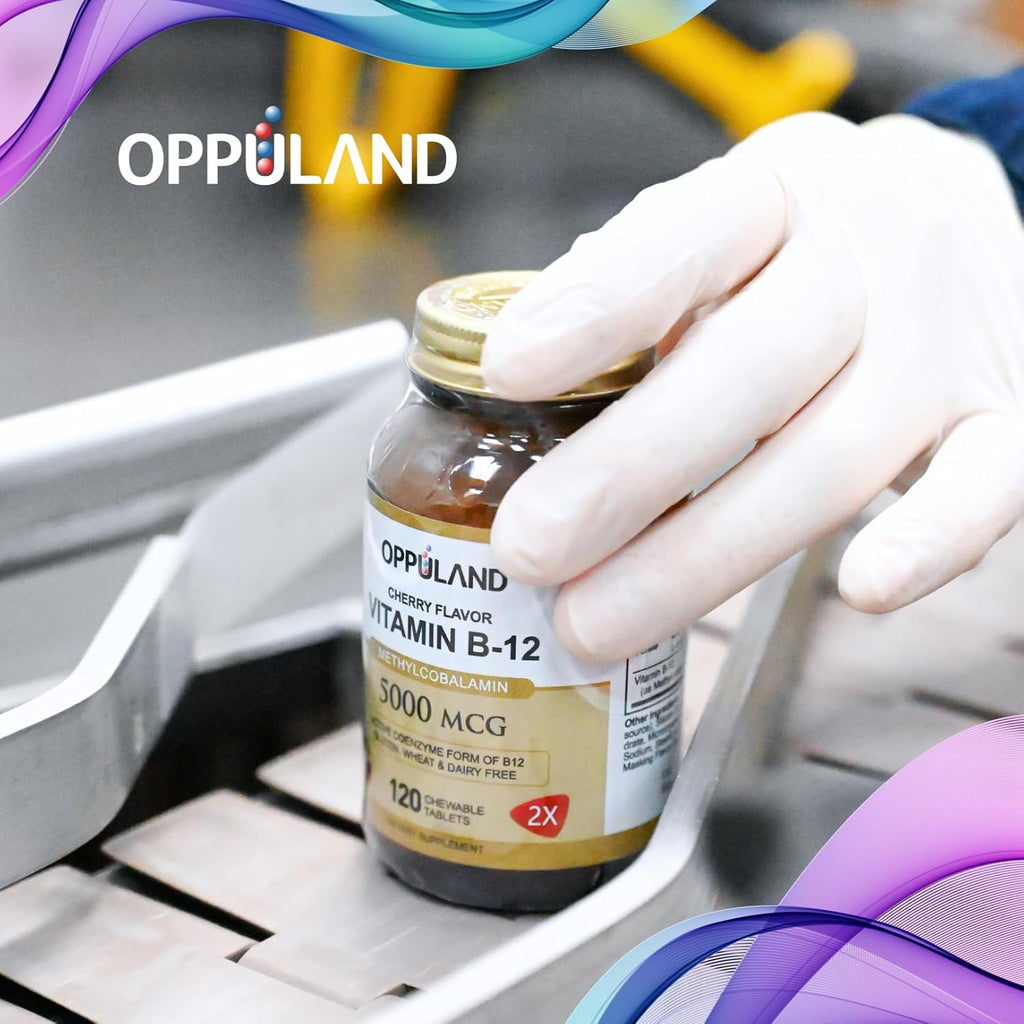 Oppuland Metilcobalamina B12 5000 mcg con Folato - Comprimidos Masticables Sabor Cereza - 120 Unidades