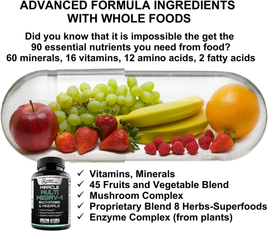 MEGAV-1 Multivitamínico, Superfood y Minerales - Complejo Diario con Probióticos y Enzimas, 90 Comprimidos