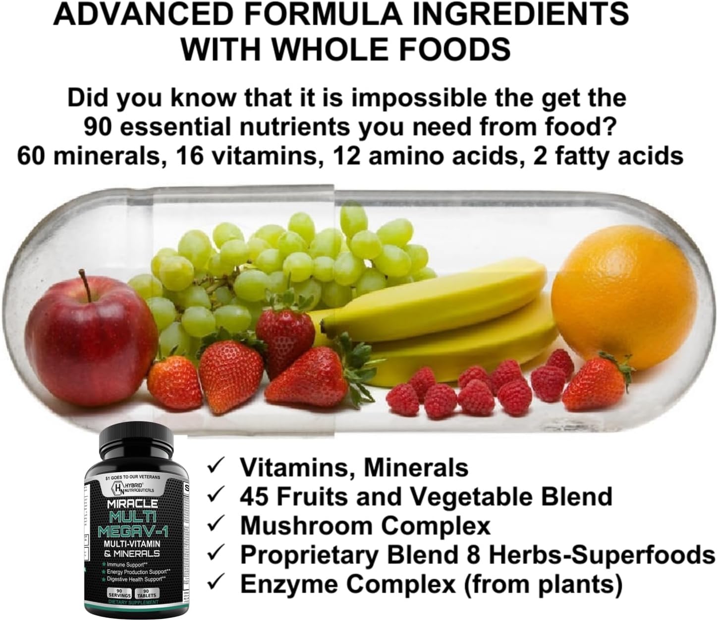 MEGAV-1 Multivitamínico, Superfood y Minerales - Complejo Diario con Probióticos y Enzimas, 90 Comprimidos