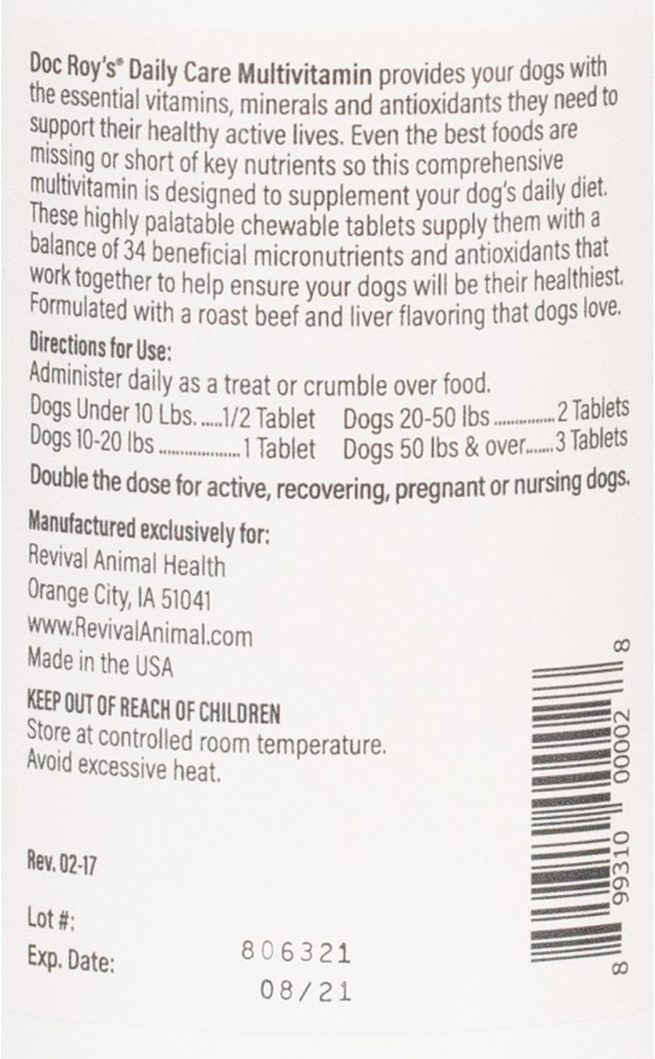 Doc Roy’s Daily Care Multivitamínico para Perros, 180 Comprimidos Masticables con 34 Vitaminas y Minerales Esenciales