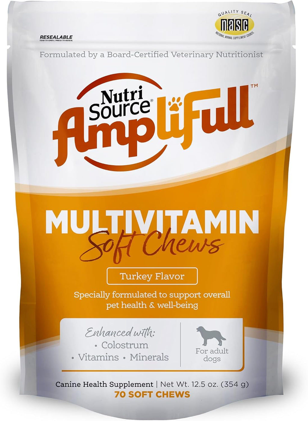 NutriSource AmpliFull Turkey Flavor Multivitamin Soft Chews para Perros, Suplemento Diario con Colostro Bovino, Vitaminas y Minerales Esenciales, 70 Chews (1 Pack)