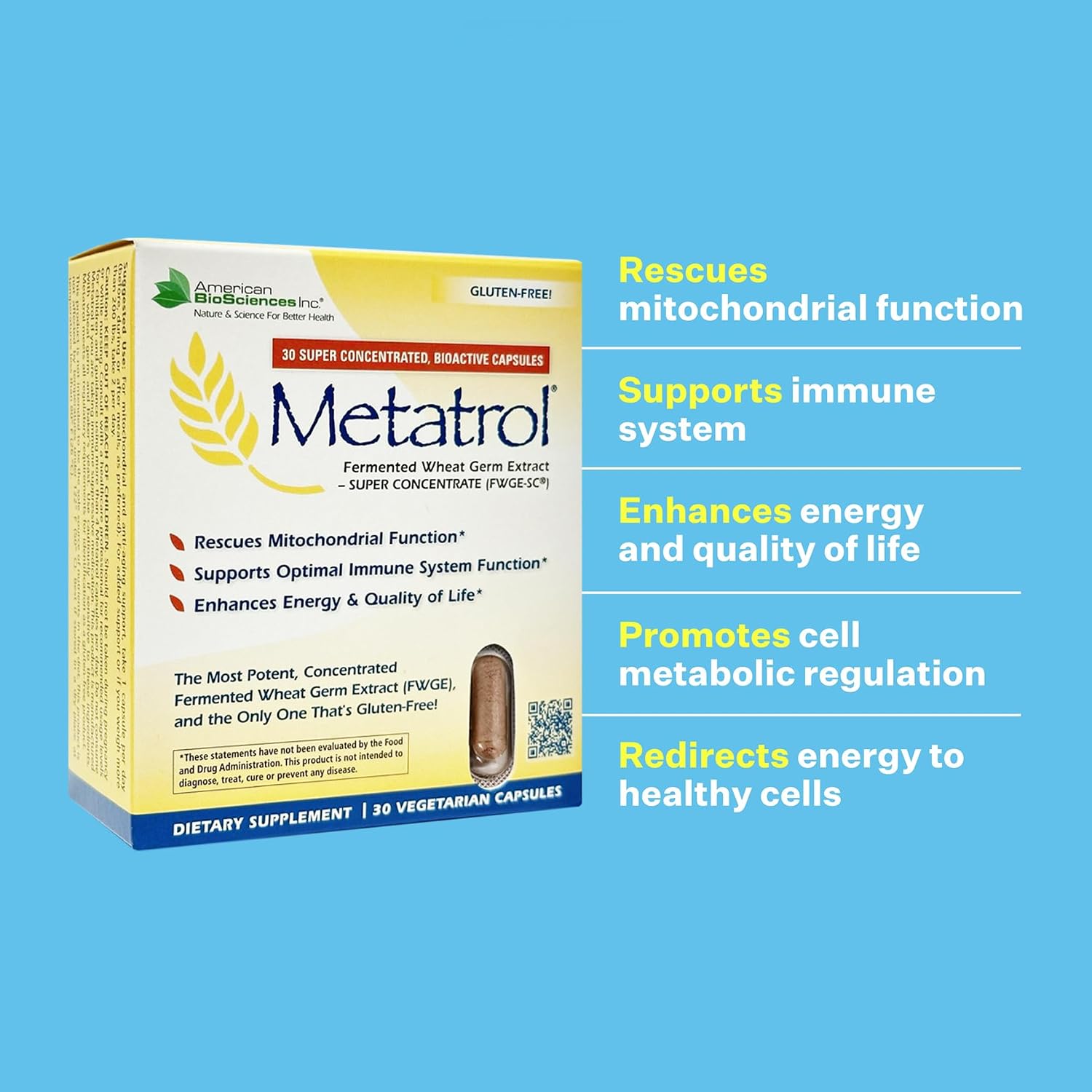 American BioSciences Metatrol Extracto de Germen de Trigo Fermentado - Apoyo Inmunológico y Mitocondrial - 30 Cápsulas Vegetales, 41mg