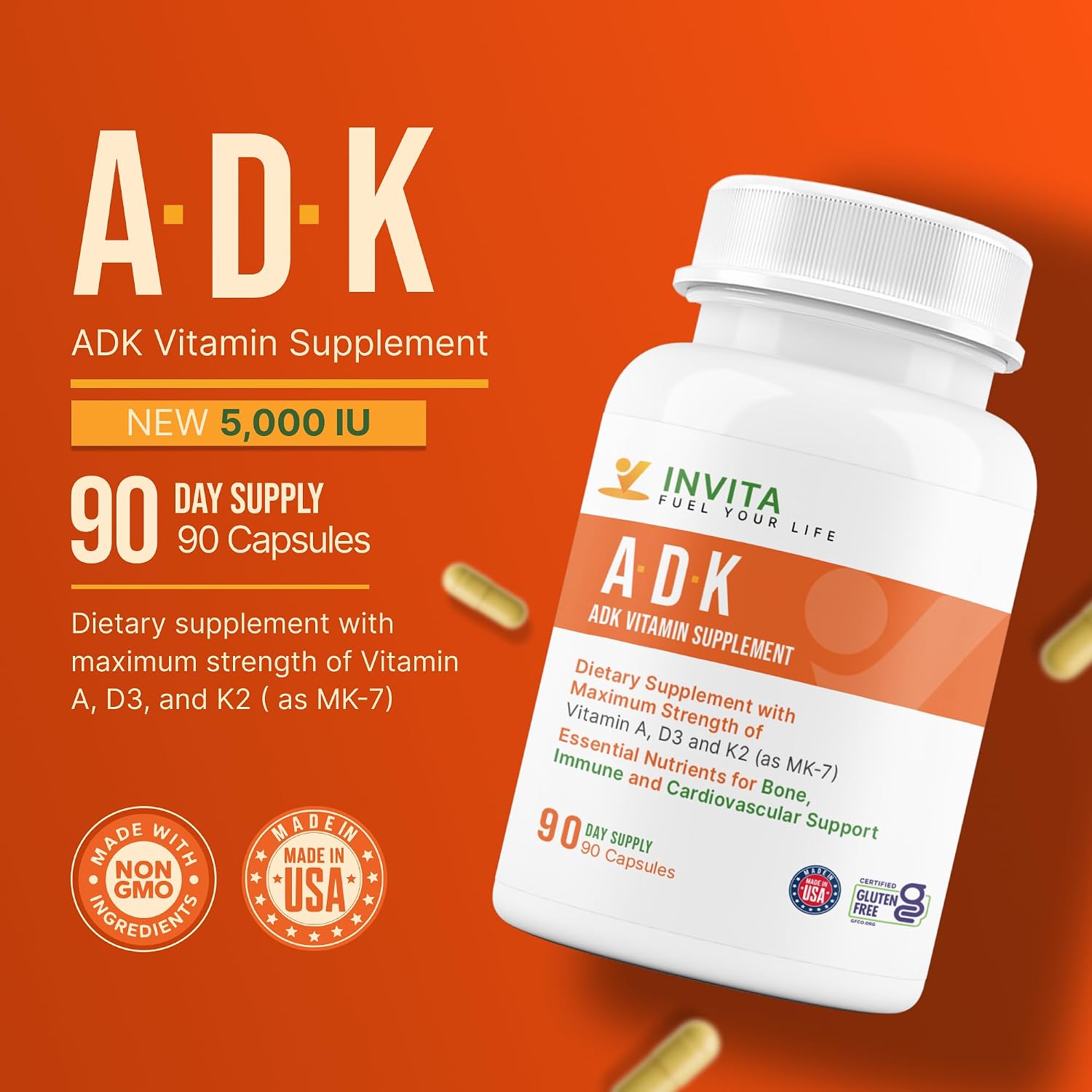 Invita, Suplemento ADK Vitaminas A, D3 5000 UI y K2 MK-7 - 90 Cápsulas