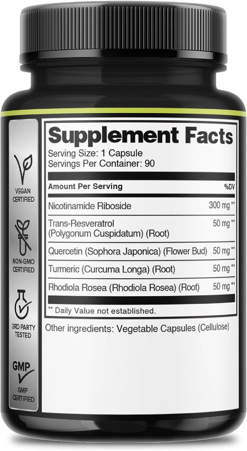 WELBUDA 5in1+ Nicotinamide Riboside Supplement with Resveratrol, Quercetin, Turmeric, Rhodiola Rosea - 90 Count for 90 Days