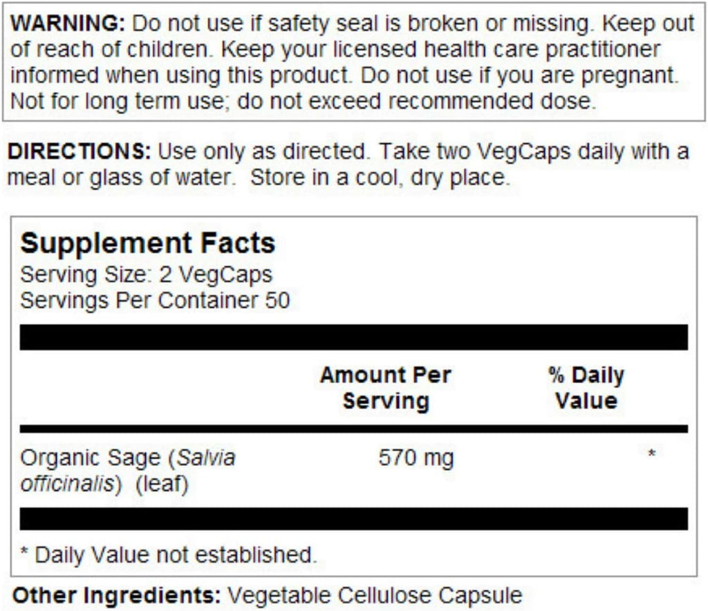 SOLARAY Hojas de Salvia - 570 mg, 100 Cápsulas Veganas