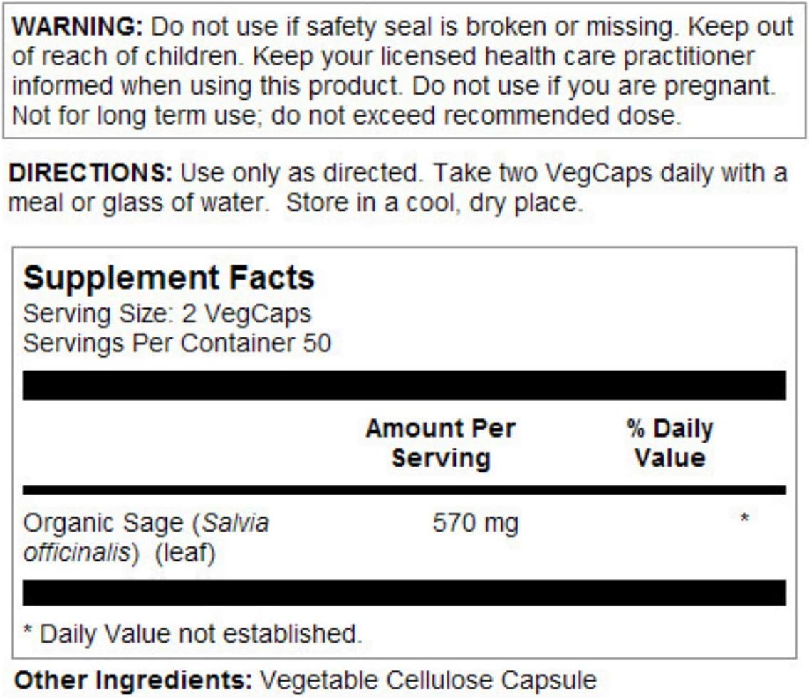 SOLARAY Hojas de Salvia - 570 mg, 100 Cápsulas Veganas