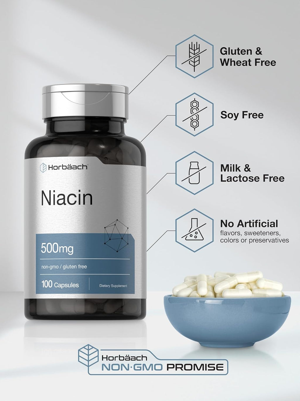 Horbäach Niacina | Vitamina B3 500mg | 100 Cápsulas | Con Flush | No OGM y Sin Gluten