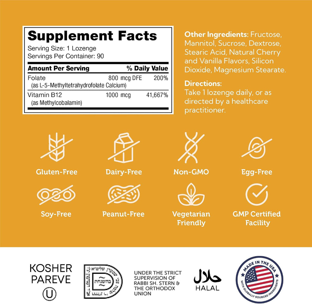 Zahler Energizer - Suplemento de Folato y B12 - Pastillas de disolución rápida sabor cereza - Metilcobalamina 1000 mcg y Ácido Fólico 1360 mcg (90 comprimidos)