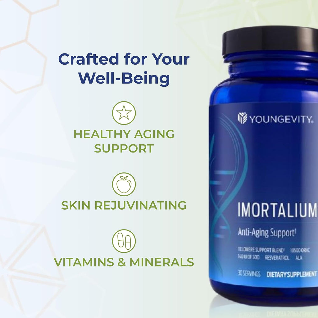 Youngevity Imortalium® - Salud Telomérica, Fucoxantina, Mezcla de Carotenoides, Mezcla de Fucoidan, MSM, Glutatión, Mezcla Rejuvenecedora para la Piel + 12 Alimentos Integrales 120 Cápsulas