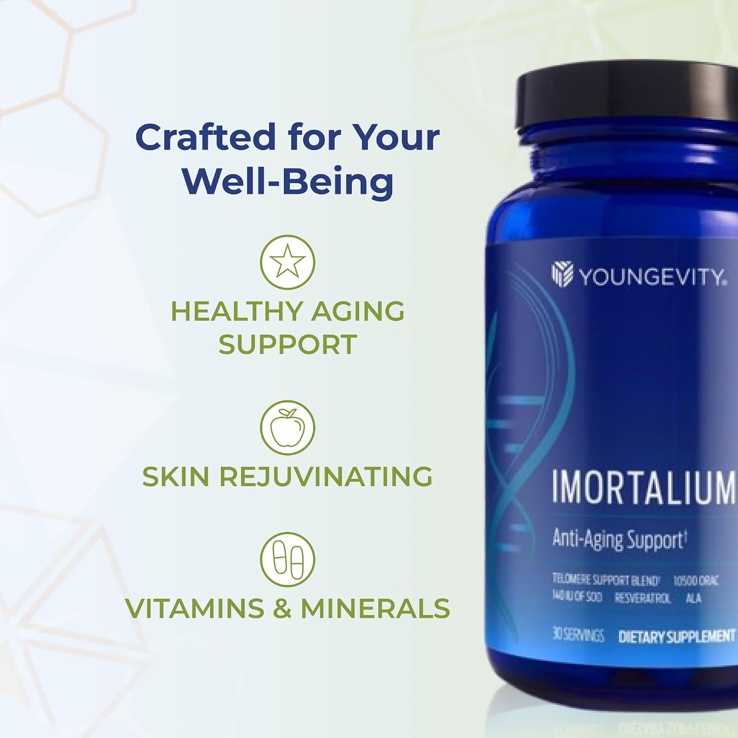 Youngevity Imortalium® - Salud Telomérica, Fucoxantina, Mezcla de Carotenoides, Mezcla de Fucoidan, MSM, Glutatión, Mezcla Rejuvenecedora para la Piel + 12 Alimentos Integrales 120 Cápsulas