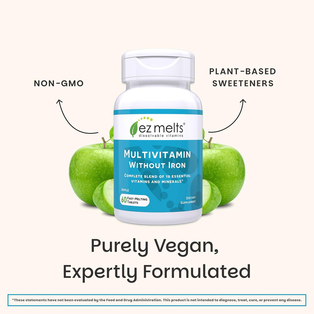 EZ Melts Multivitamin sin Hierro - 18 Vitaminas y Minerales - Vitamina C, Folato, Biotina - No-GMO y Vegano - Sabor Manzana - 60 Comprimidos Dispersables (30 Dosis)