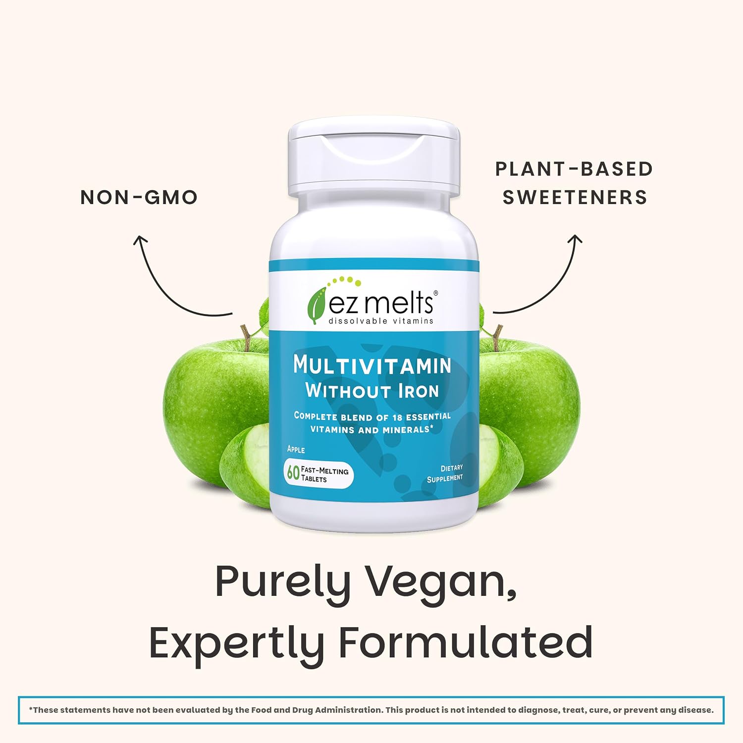 EZ Melts Multivitamin sin Hierro - 18 Vitaminas y Minerales - Vitamina C, Folato, Biotina - No-GMO y Vegano - Sabor Manzana - 60 Comprimidos Dispersables (30 Dosis)
