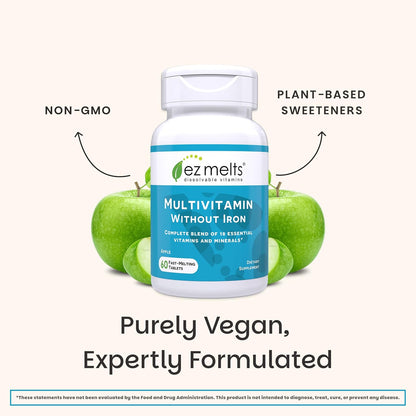 EZ Melts Multivitamin sin Hierro - 18 Vitaminas y Minerales - Vitamina C, Folato, Biotina - No-GMO y Vegano - Sabor Manzana – Image 6