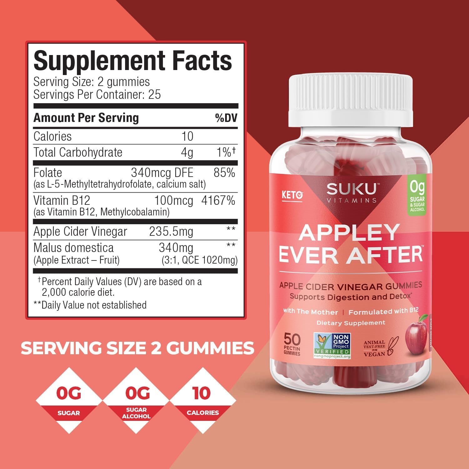 SUKU Appley Ever After Gummies – Vinagre de Manzana con B12 y Folato Metilados – Sin Azúcar, Vegano – 50 Gominolas