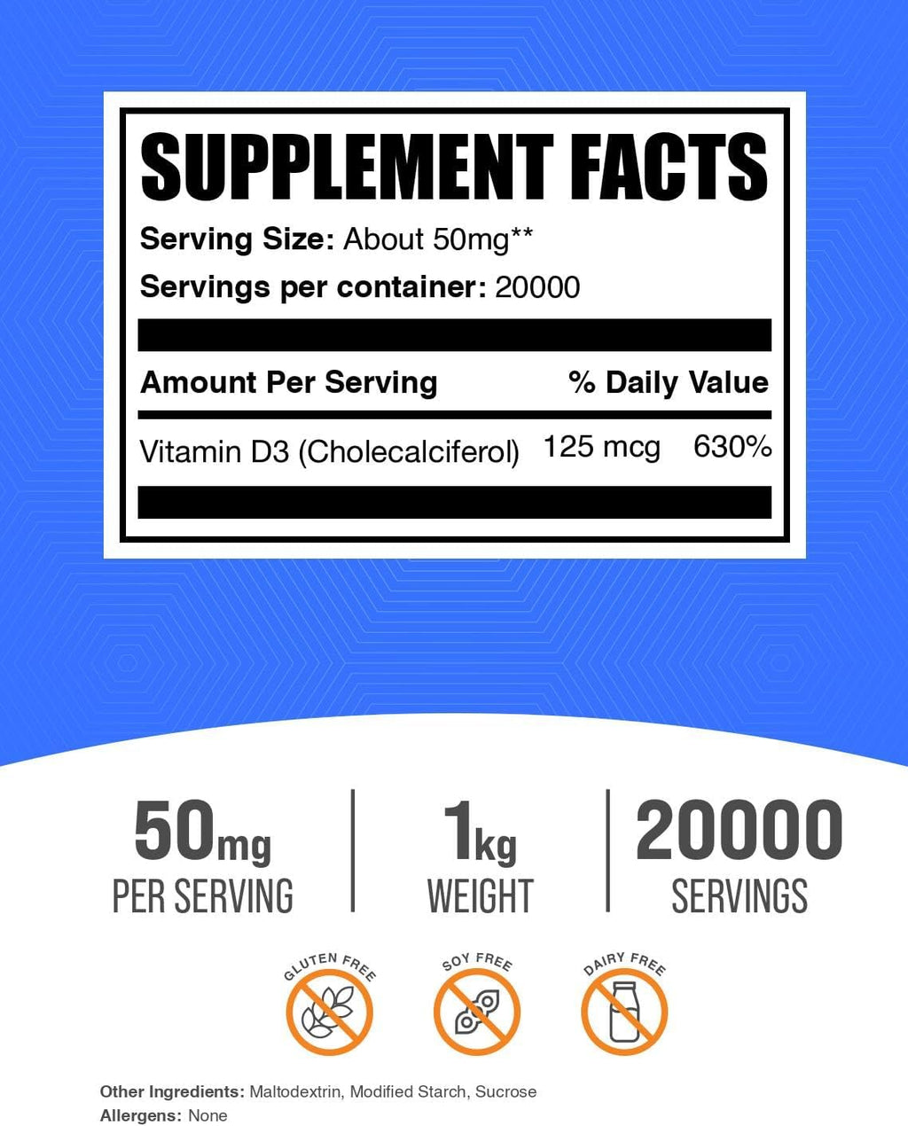 Vitamin D3 Powder - Cholecalciferol - 5000 IU per Dose - 1 kg - BulkSupplements