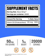 Vitamin D3 Powder - Cholecalciferol - 5000 IU per Dose - 1 kg - BulkSupplements