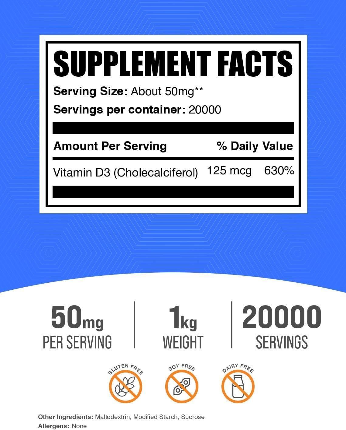 Vitamin D3 Powder - Cholecalciferol - 5000 IU per Dose - 1 kg - BulkSupplements