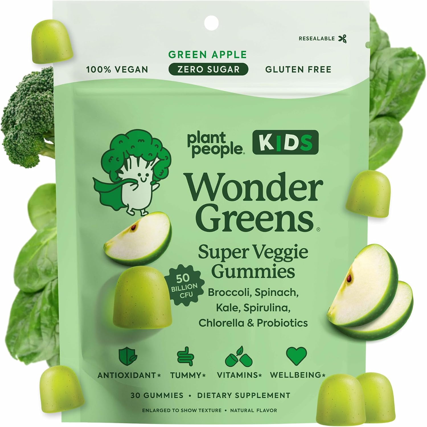 WonderGreens Kids Super Veggie Gummies - Gomitas de verduras sin azúcar para niños con probióticos - Sabor a manzana verde (30 unidades)