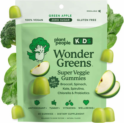 WonderGreens Kids Super Veggie Gummies - Gomitas de verduras sin azúcar para niños con probióticos - Sabor a manzana verde – Image 1