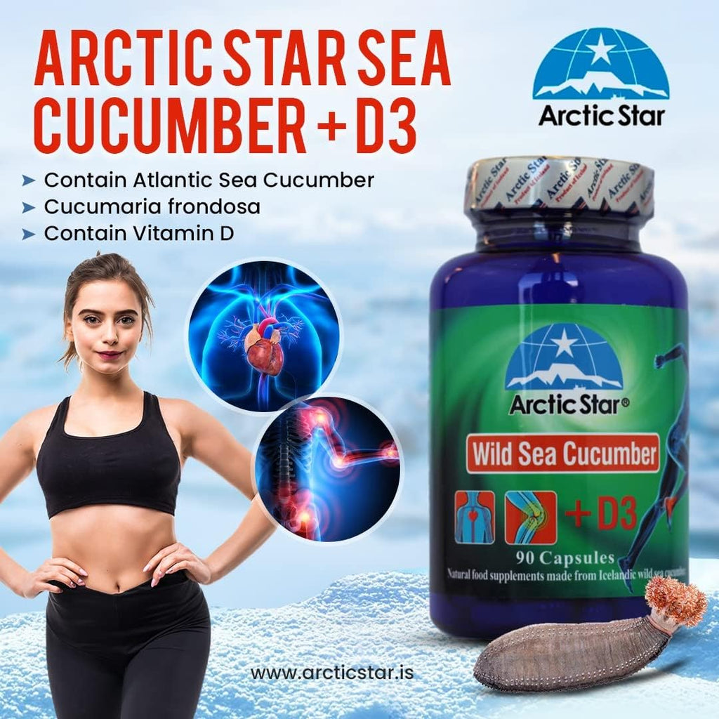 Arctic Star - Pepino de Mar con Vitamina D3, Cápsulas de Extracto de Pepino de Mar Silvestre Islandés (90 Cápsulas, 400mg)