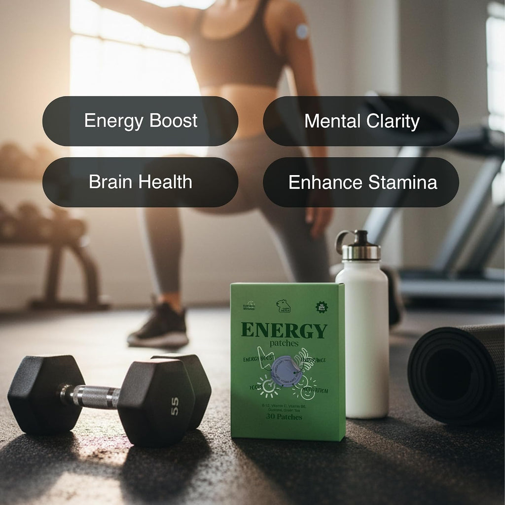 Parche de Energía B12 con Cafeína, Extracto de Té Verde y Guaraná (30 Parches) | Vitamina B6 y B3 para Enfoque y Energía | Refuerzo Vegetal de 12 Horas